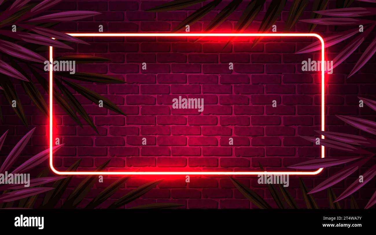 Neon frame with tropical leaves on brick wall background. Retro banner ...