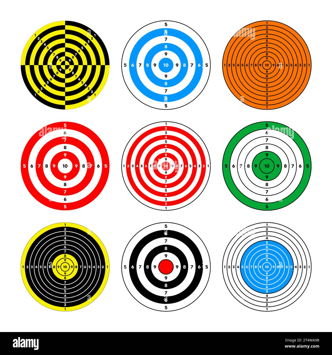 Shooting range paper targets. Round target with divisions, marks and numbers. Archery, gun shooting practise and training, sport competition and Stock Vector