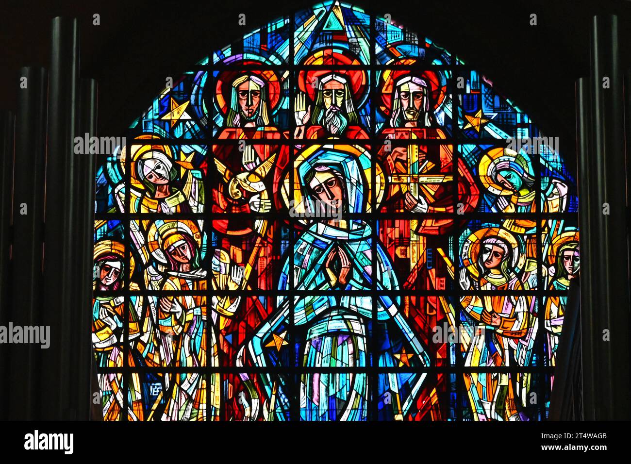 Stained glass window inside Église St Nicolas Church Brussels Belgium