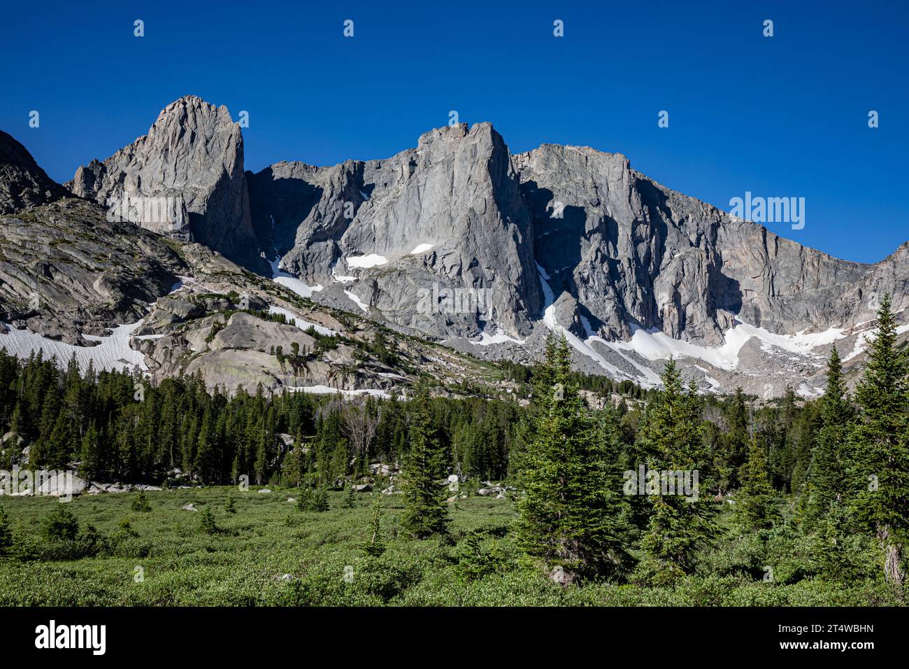 WY05562-00...WYOMING - - Warbonnet, Warrior and Warrior 2 Peaks from the North Fork Trail in the Cirque of the Towers in the Popo Agie Wilderness. Stock Photo