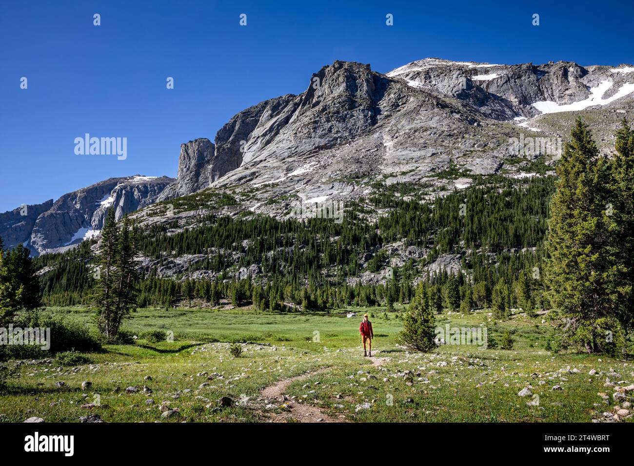 WY05565-00...WYOMING - Day hiker heading up the Lizard Head Trail in the Popo Agie Wilderness area of the Wind River Range. Stock Photo