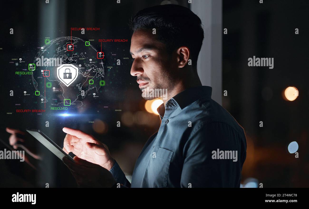 Cyber security, hacker man and tablet with hologram and safety lock icon for network, information or data. Person with technology for privacy Stock Photo