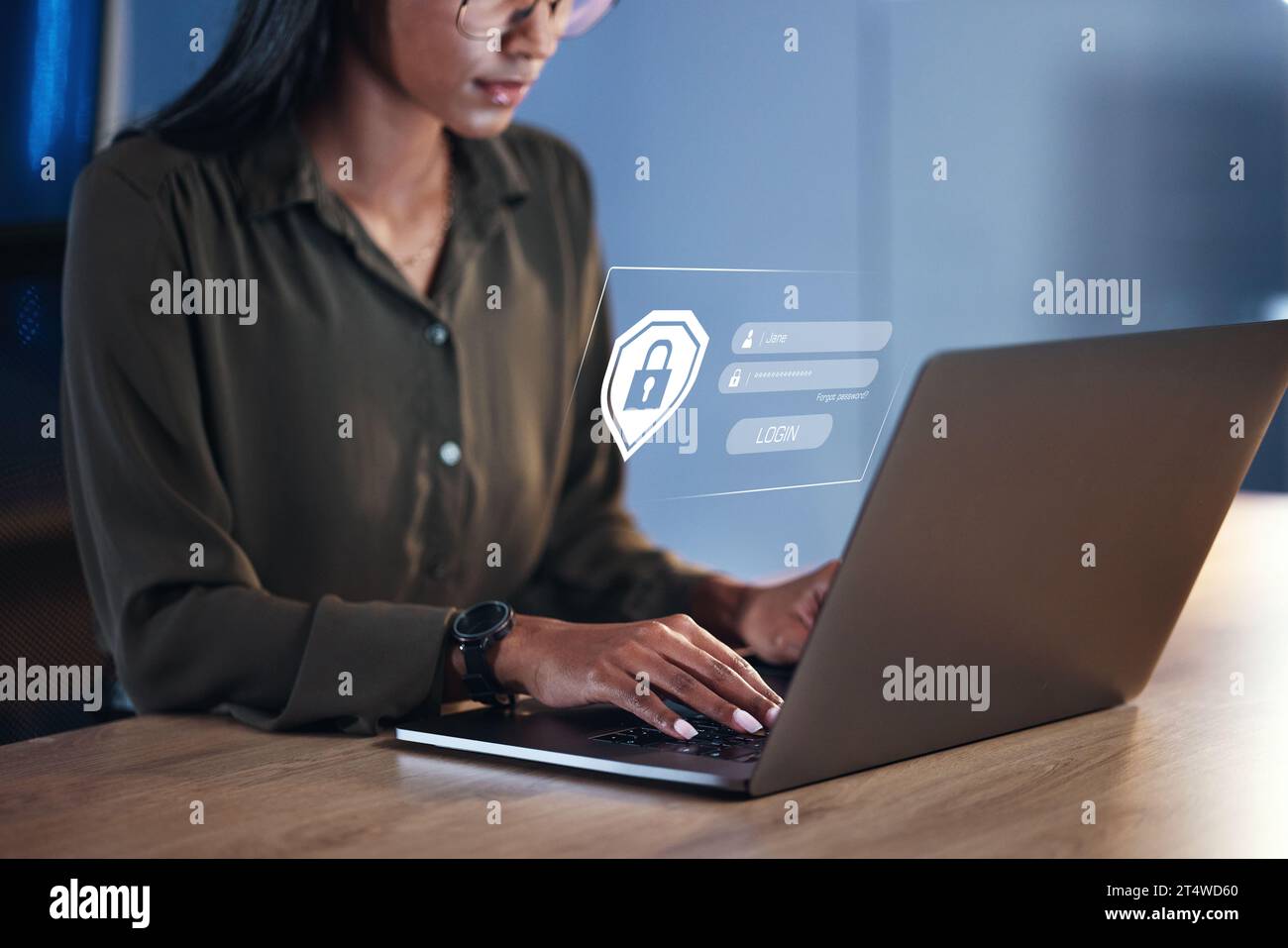 Woman, laptop and security for username, password or encryption on office desk at workplace. Hands of female person or employee with Lock Screen hud Stock Photo