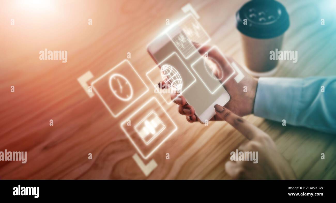 Phone app hologram, erp icon application overlay and business woman hands and digital data. Media application, mobile software and futuristic ai Stock Photo