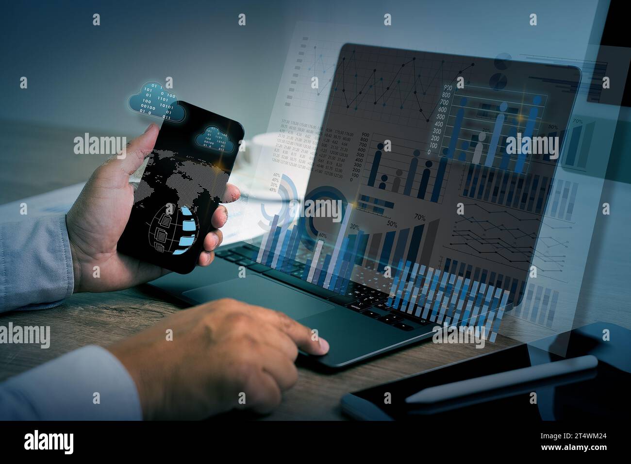 work hard Data Analytics Statistics Information Business Technology businessman working with data and graphs Stock Photo