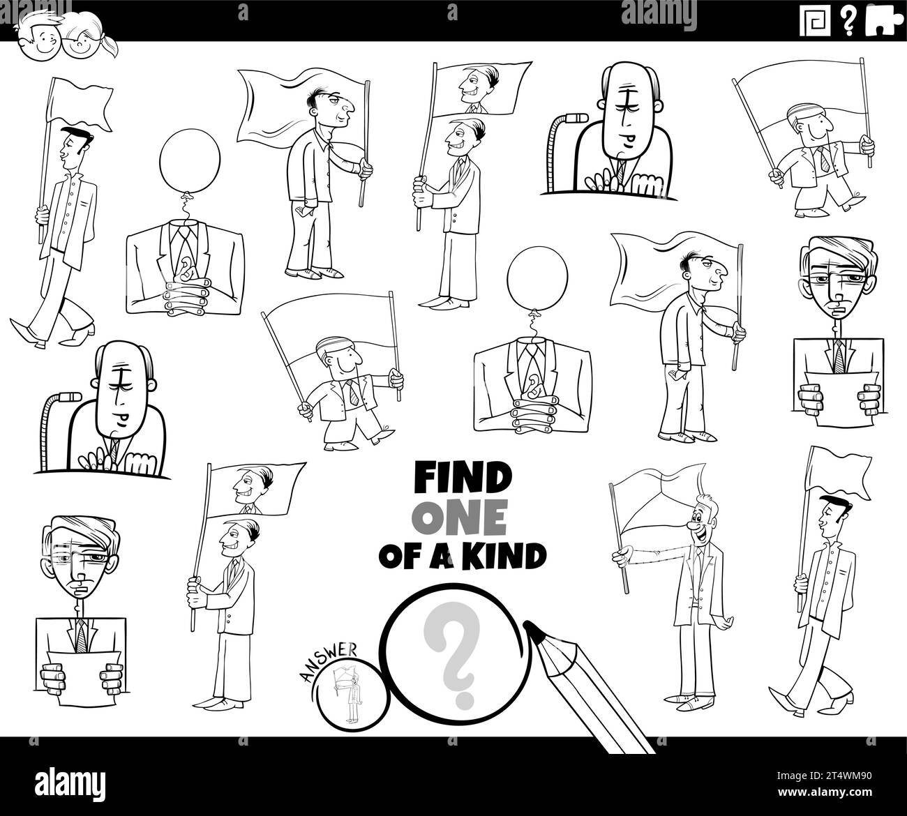 Black and white cartoon illustration of find one of a kind picture educational game with businessmen and politician characters coloring page Stock Vector