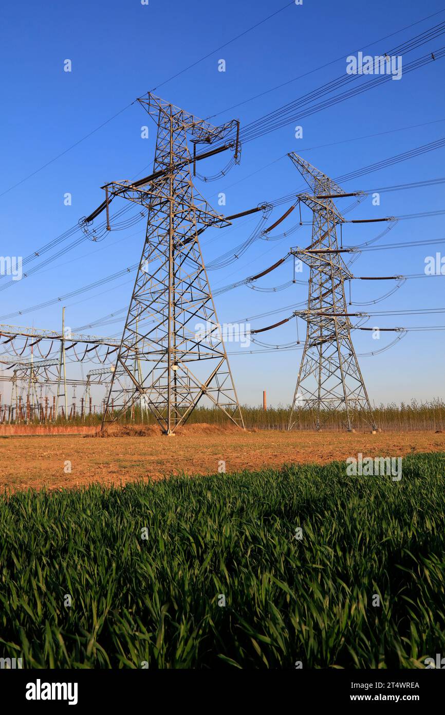 high voltage electric power steel tower, closeup of photo Stock Photo ...