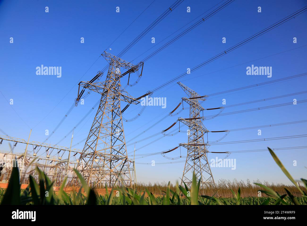 high voltage electric power steel tower, closeup of photo Stock Photo ...