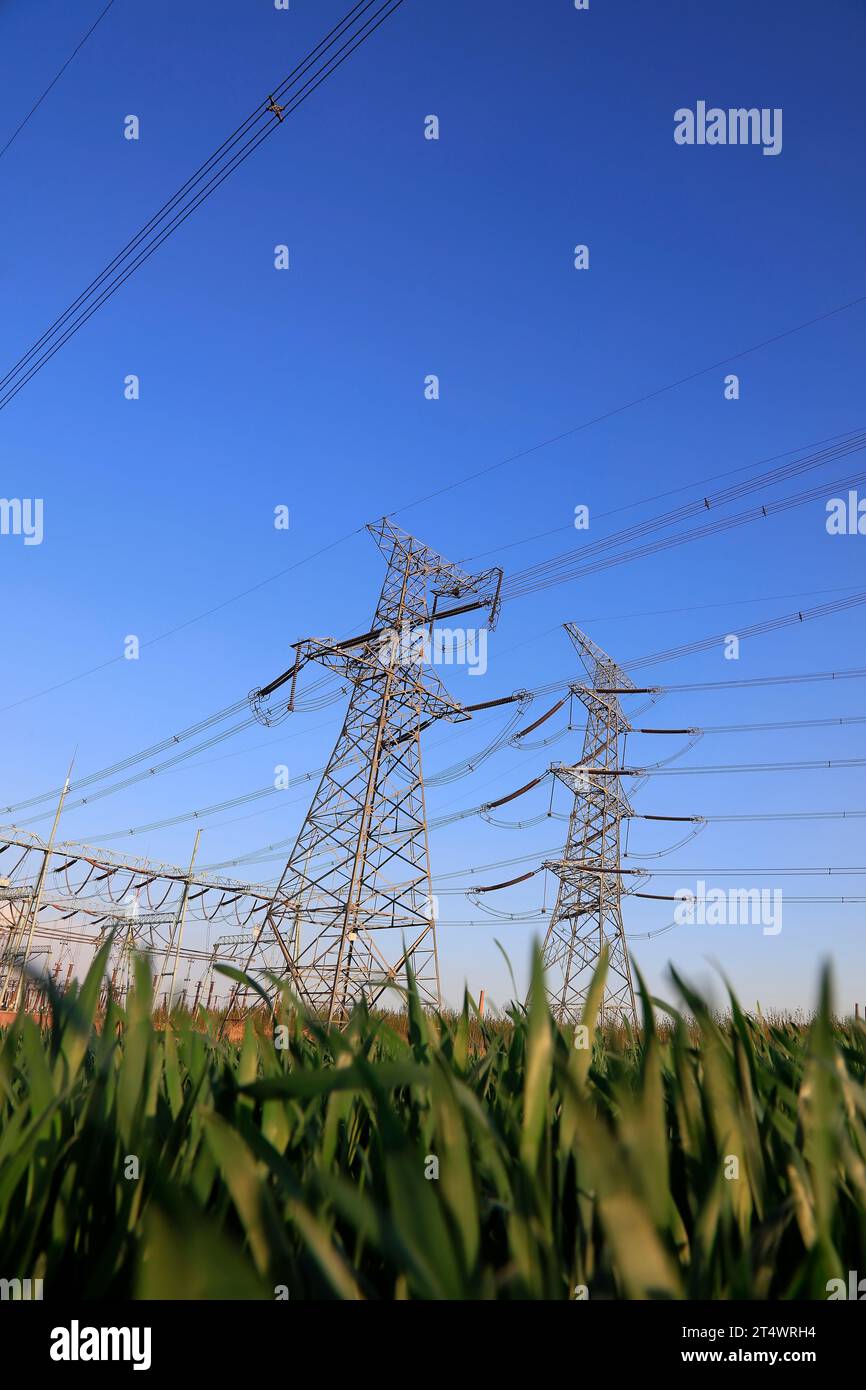 high voltage electric power steel tower, closeup of photo Stock Photo ...