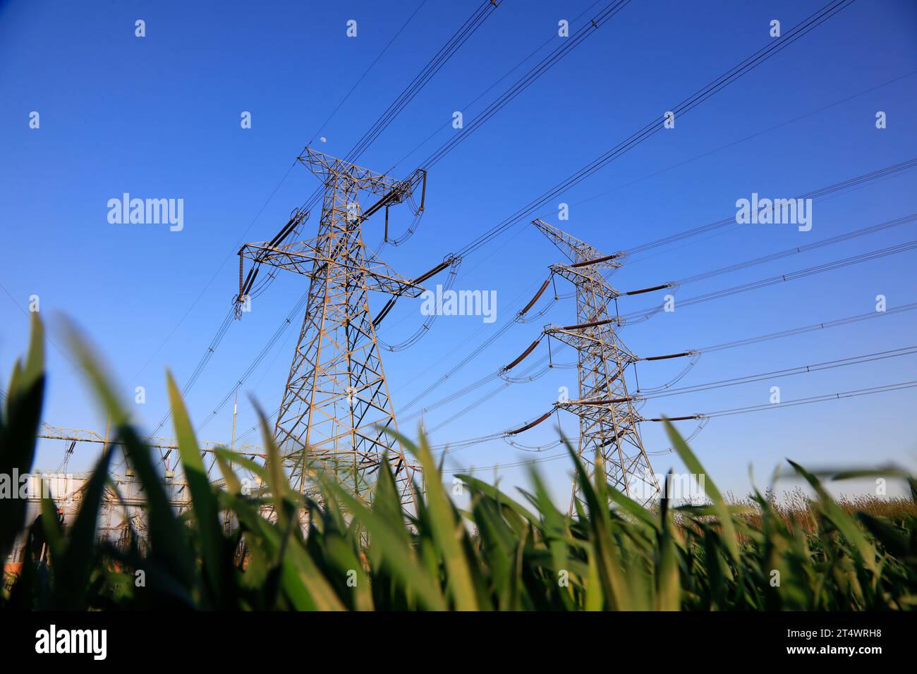 high voltage electric power steel tower, closeup of photo Stock Photo ...