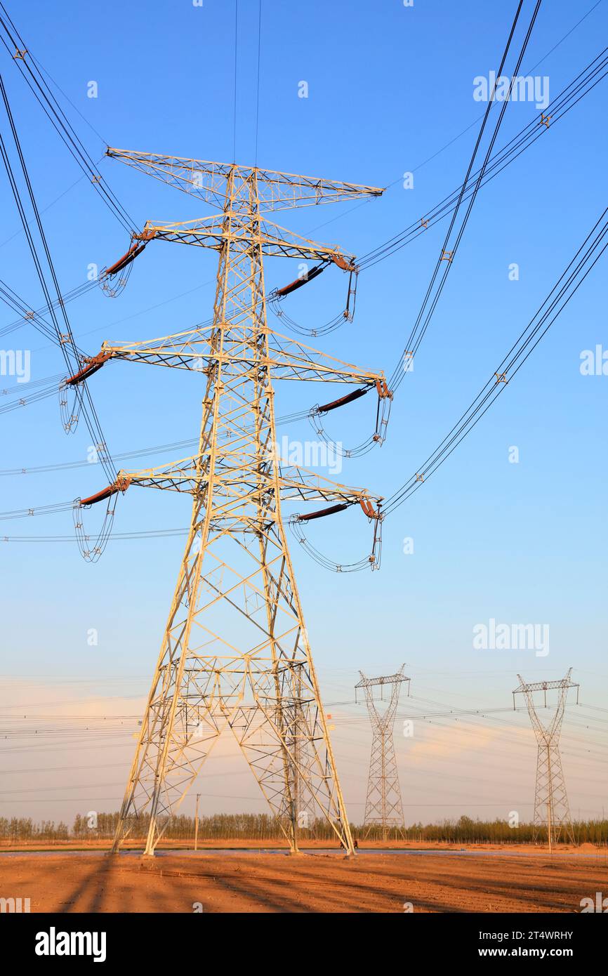 high voltage electric power steel tower, closeup of photo Stock Photo ...