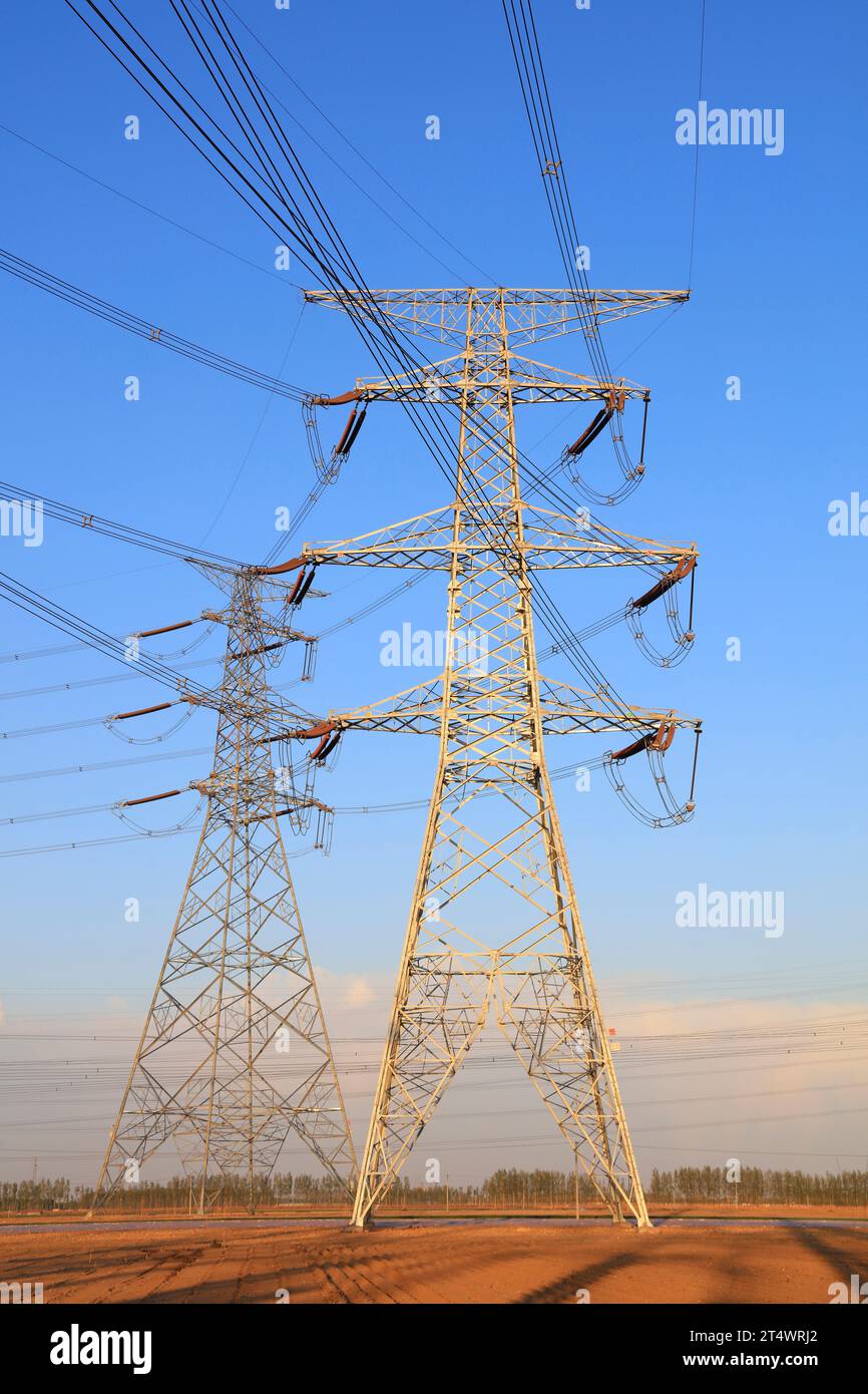 high voltage electric power steel tower, closeup of photo Stock Photo ...