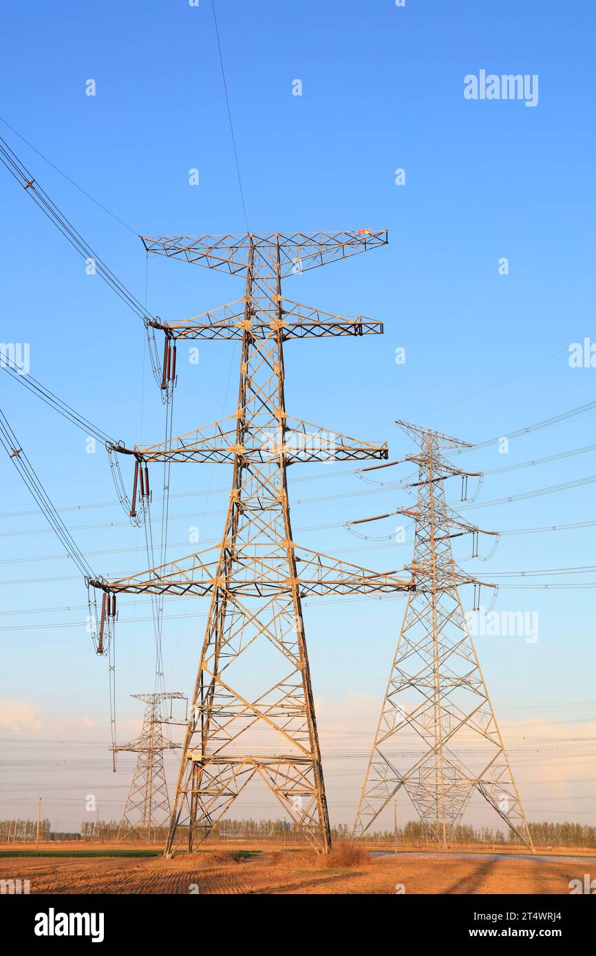 high voltage electric power steel tower, closeup of photo Stock Photo ...