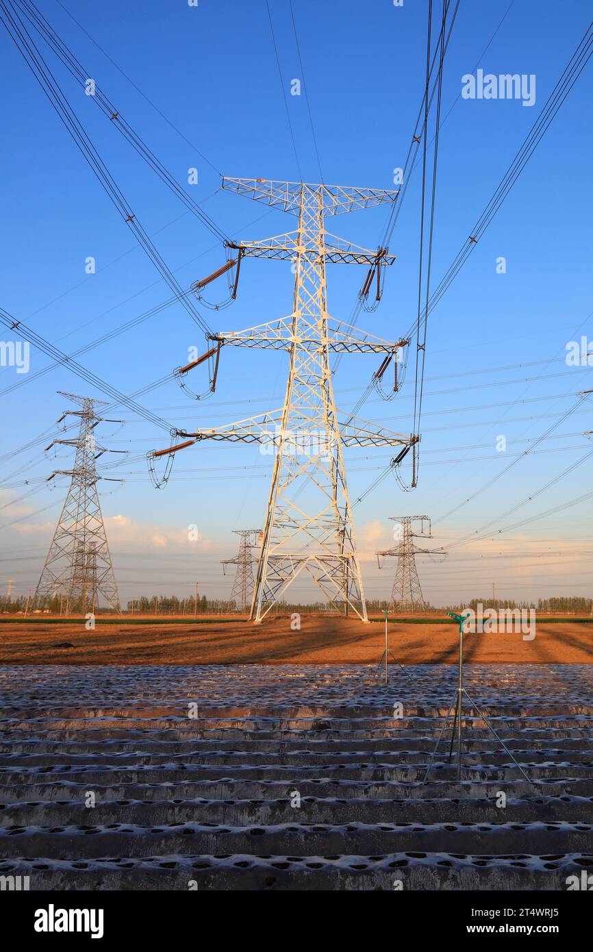 high voltage electric power steel tower, closeup of photo Stock Photo ...