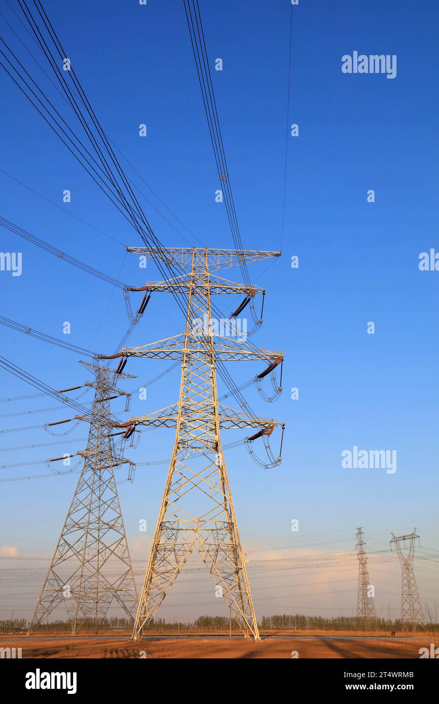 high voltage electric power steel tower, closeup of photo Stock Photo ...