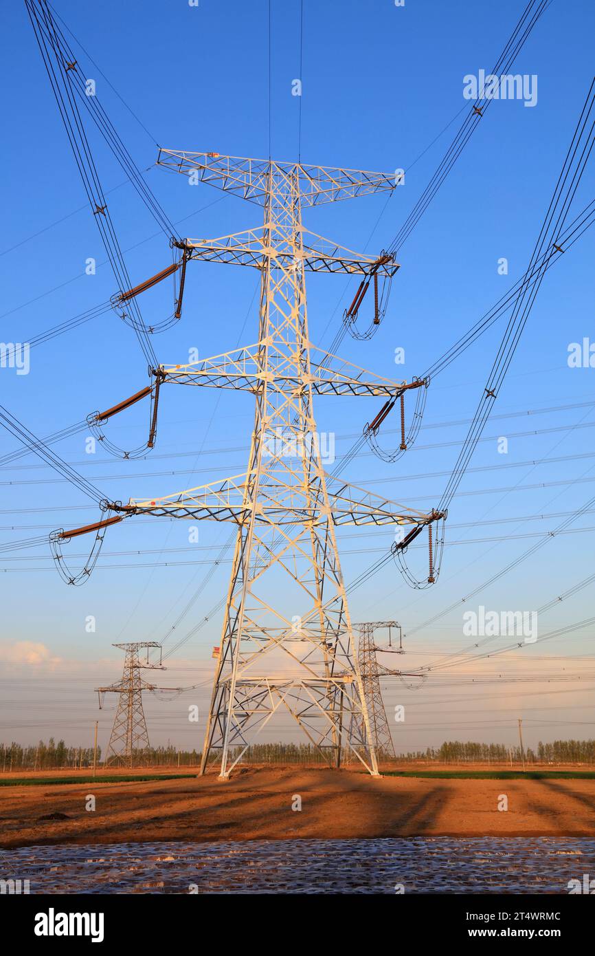 high voltage electric power steel tower, closeup of photo Stock Photo ...