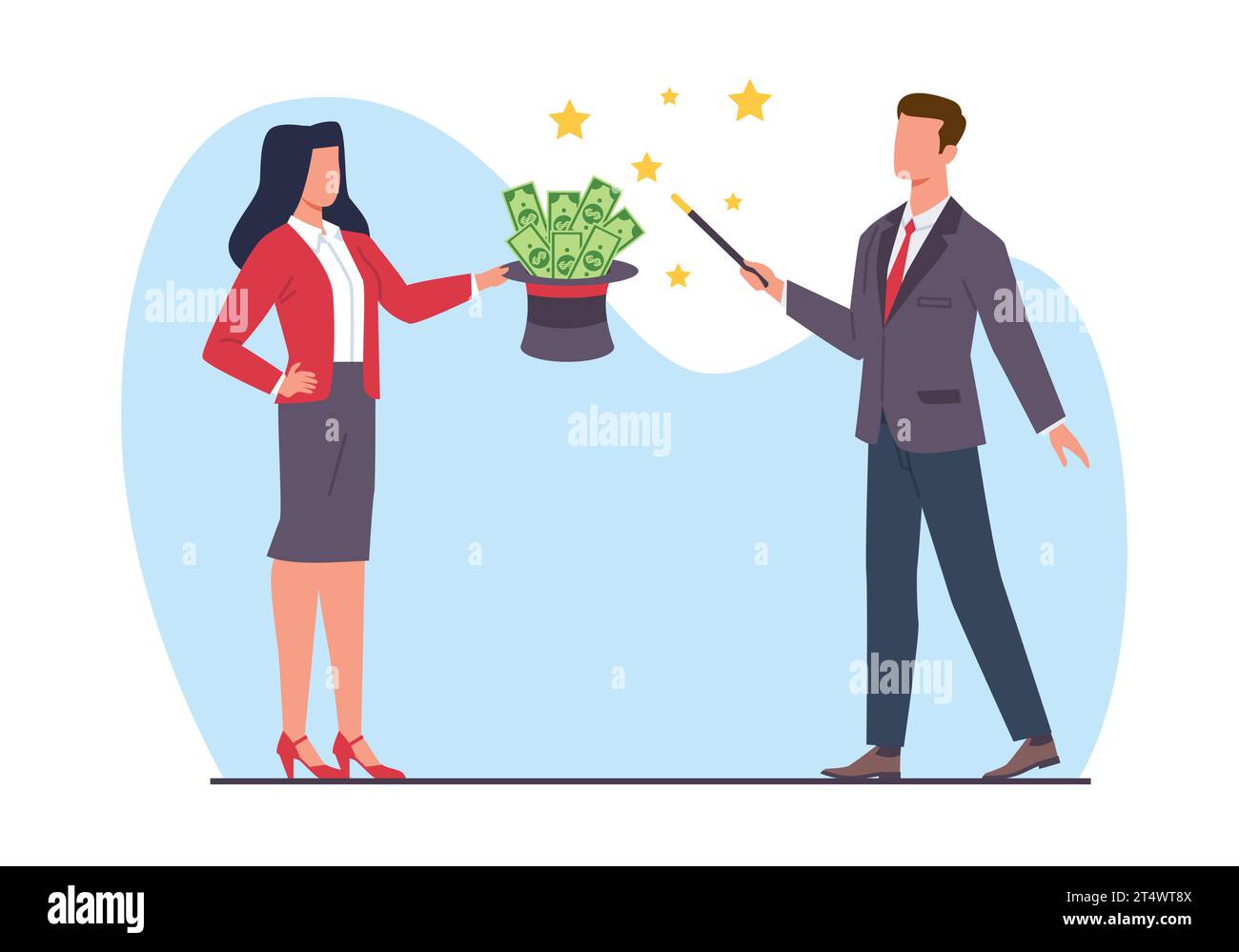 Businessman with magic wand and hat full of money. Perform successful trick. Entrepreneur magically makes income. Quick way to get rich. Cartoon flat Stock Vector
