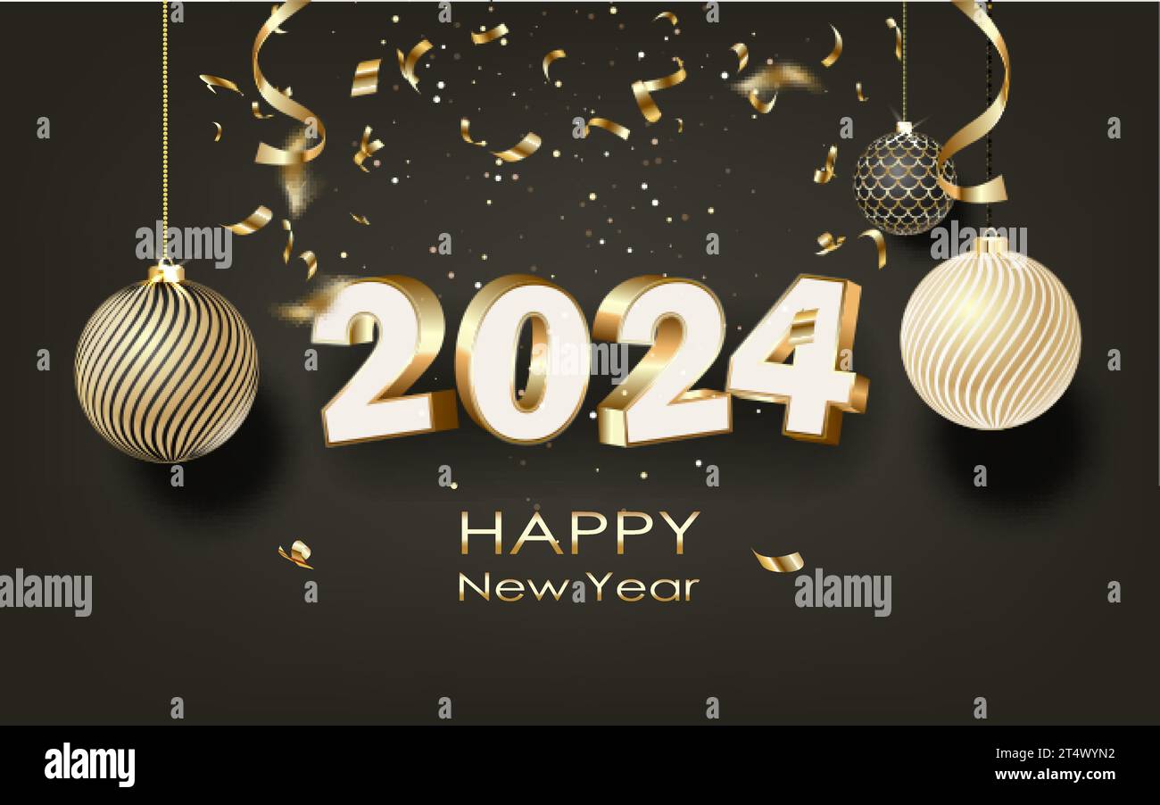 New year 2024 celebrations gold greetings poster isolated over black