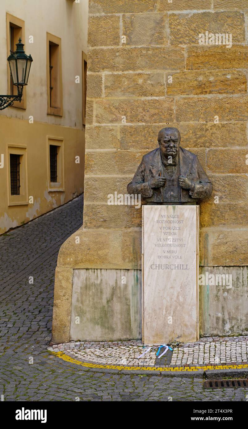 Bust Inscription PRAGUE, CZECH REPUBLIC - OCTOBER 2023: Bust of Winston Churchill next ...