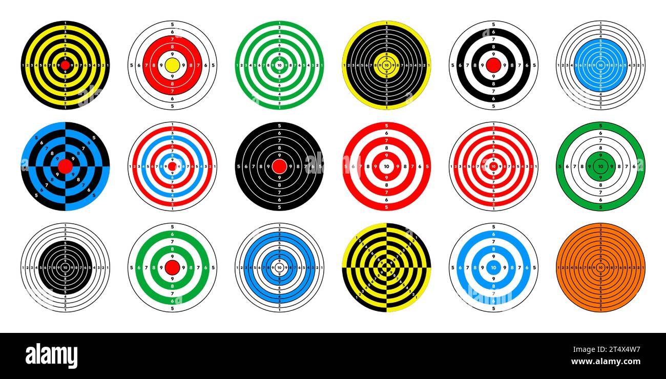 Shooting range paper targets. Round target with divisions, marks and numbers. Archery, gun shooting practise and training, sport competition and Stock Vector