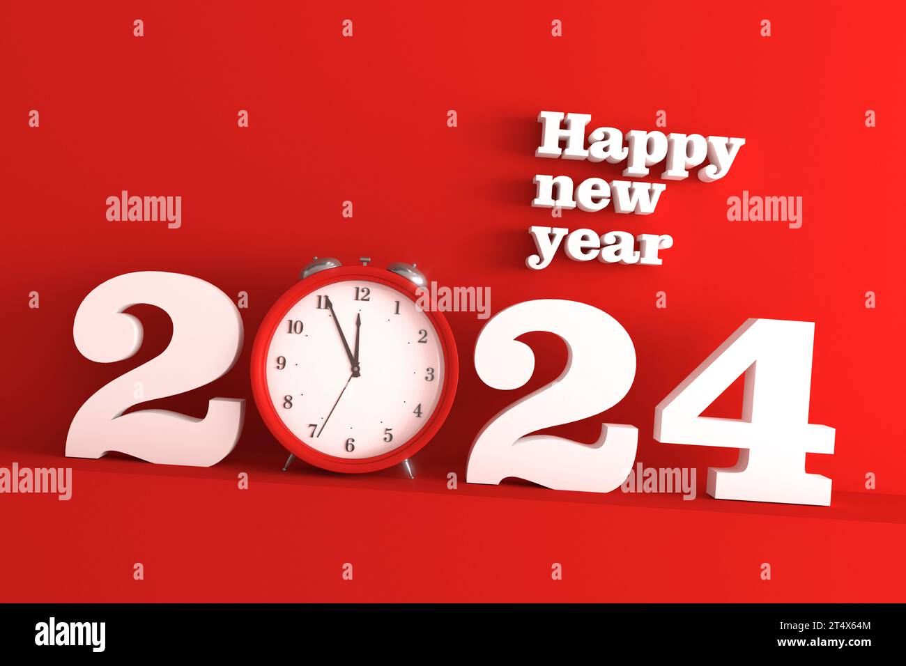 2024 new year concept, stylish digits and red alert clock as 