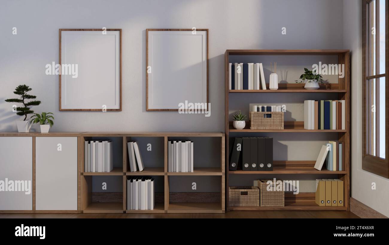 Interior design of a minimalist white room with bookcases, frames ...