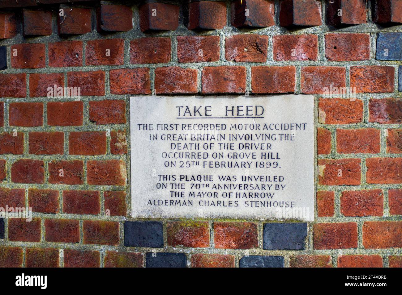 First Recorded Motor Accident Plaque, Harrow On The Hill, Borough Of Harrow, London, England Stock Photo
