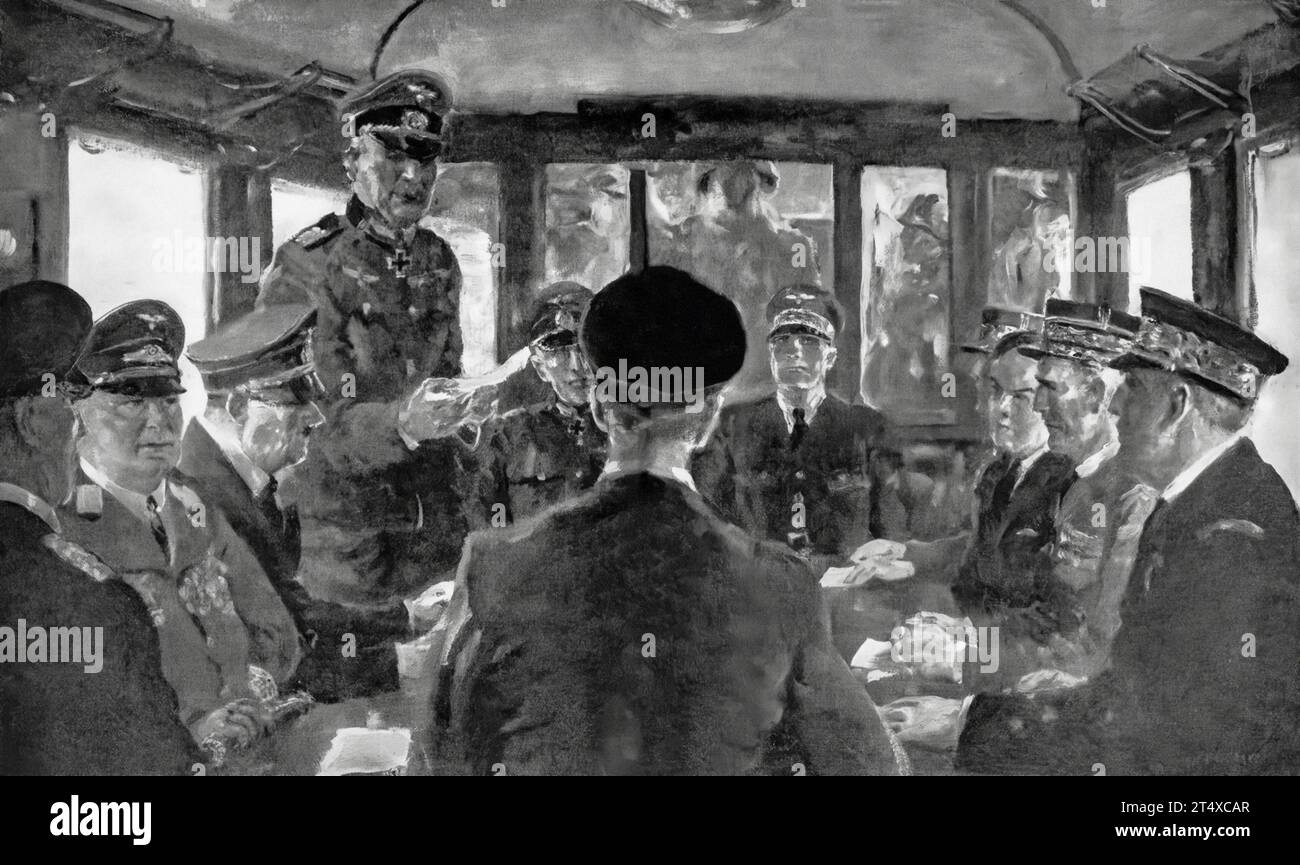 An illustration by T. C. Douglas of the signing of the Franco German Armistice on the 21st June 1940 in a railway carriage  at Rethondes in the Forest of Compiegne. After General   Keitel read out the terms Hitler departed and the French signed the following day. Present from left Admiral Raeder, Goering, Hitler, General Keitel, General von Brauchitsch and Hess. The French include General Bergeret, M. Noel, Admiral Le Luc. Stock Photo