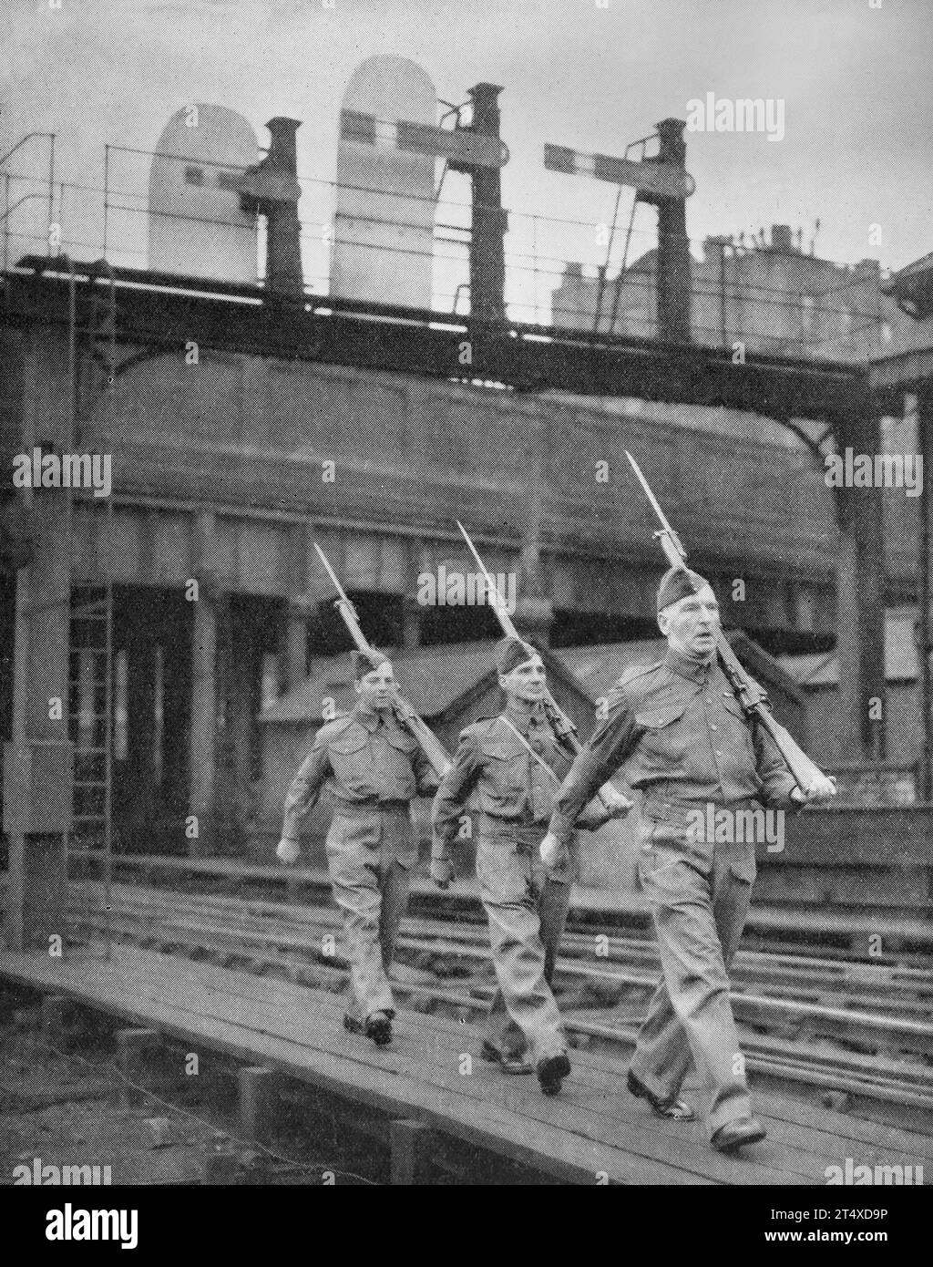 Local Defence Volunteers later to become the (British) Home Guard aka Dad's Army, patrolling an important point of Britain's railway system in July 1940. Stock Photo