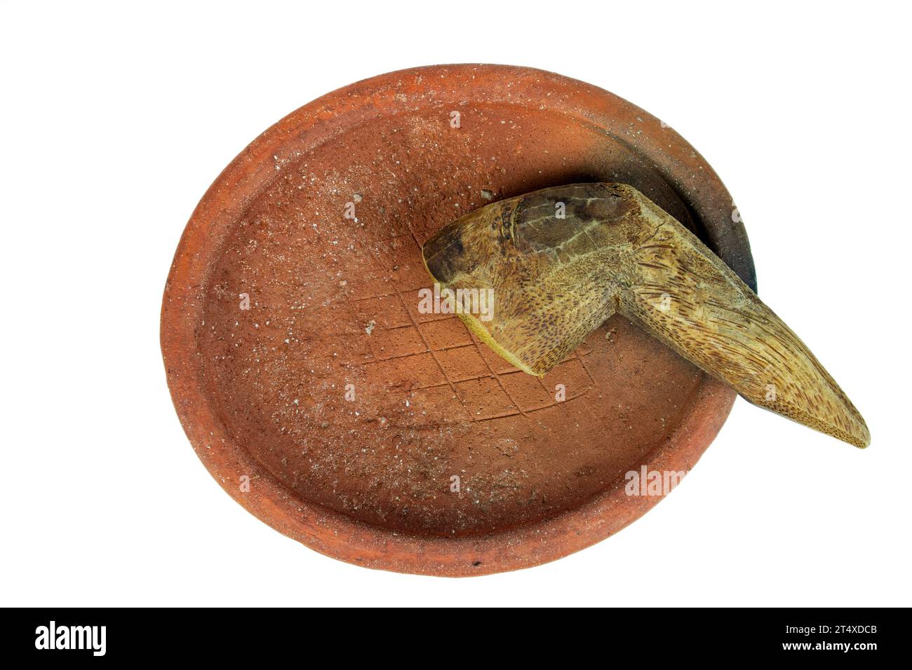 Traditional mortar and pestle made of clay and wood on a white
