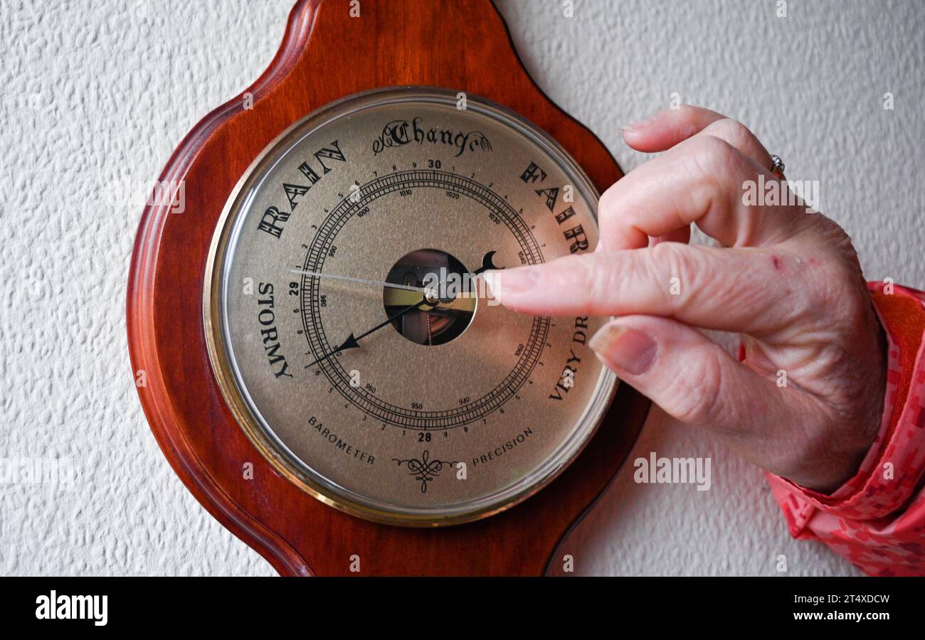 Brighton UK 2nd November 2023 A weather barometer shows Stormy on the dial as Storm Ciaran