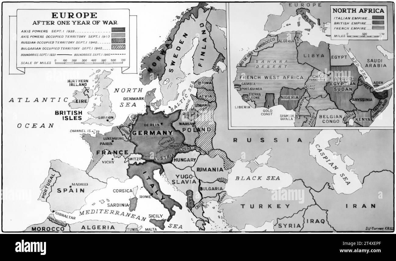 A map illustrating the changing face of Europe, 12 months after World War Two began. Stock Photo