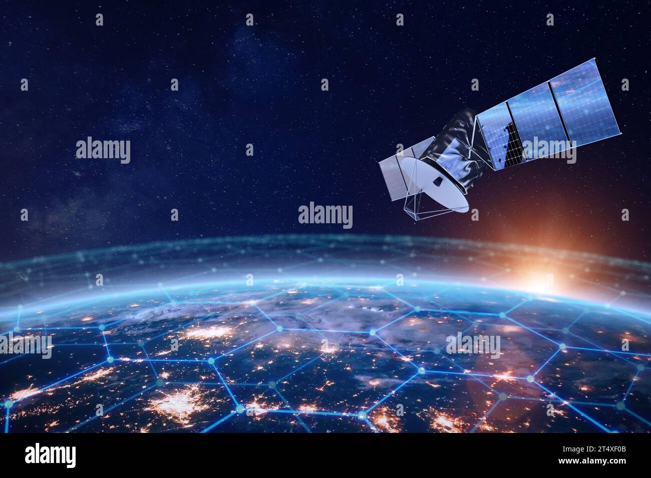 Telecommunication satellite providing global internet network and high speed data communication above Europe. Satellite in space, low Earth orbit. Wor Stock Photo