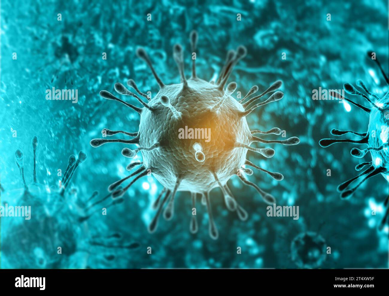 Microscopic view of virus, bacteria, cell infected organism. 3d