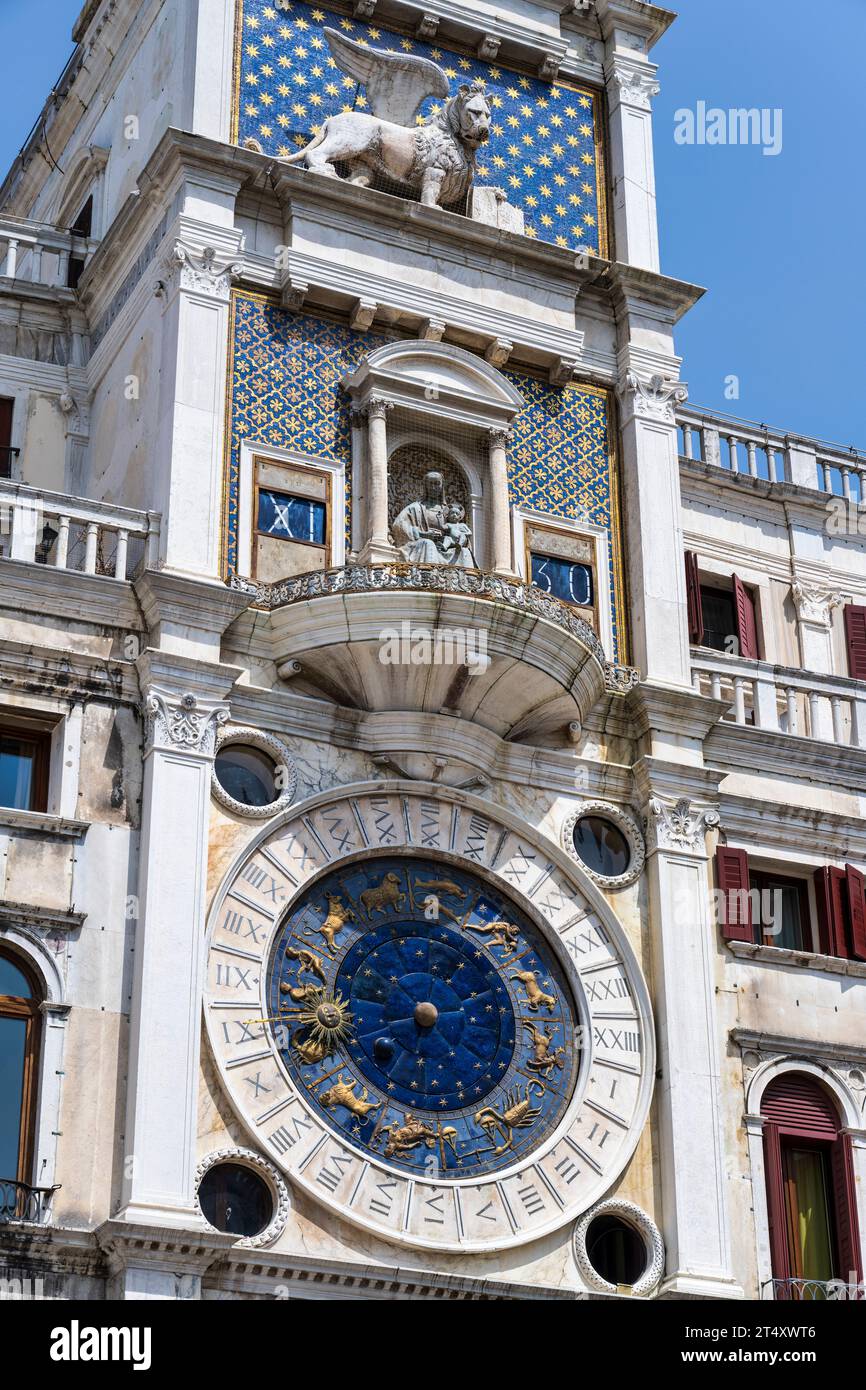 Detail of the Clock Tower, Torre dell'Orologio, on the north side of Piazza San Marco in Venice, Veneto Region, Italy Stock Photo