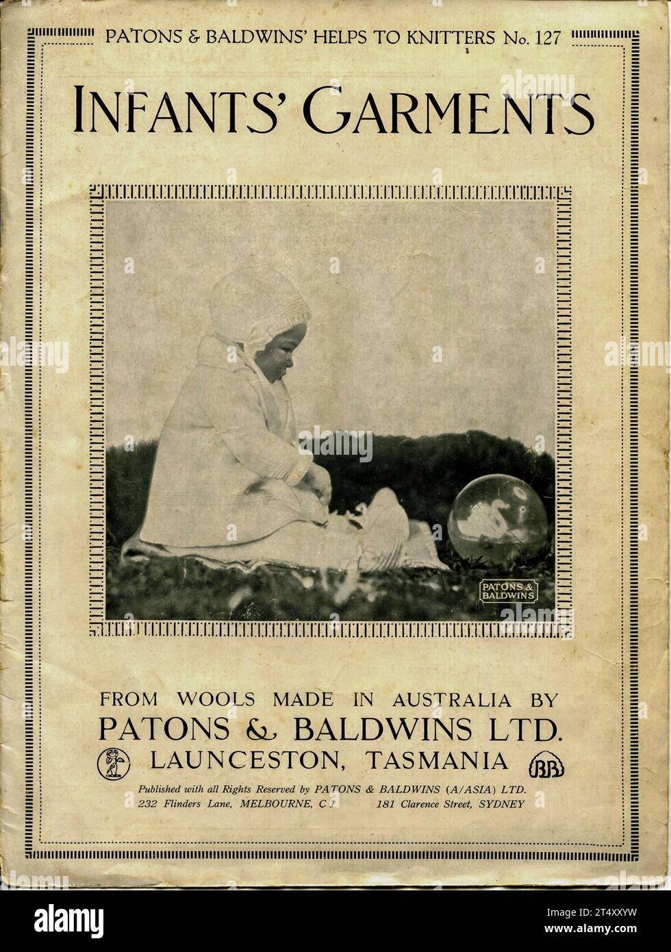 A historical 1930's Australian advertisement for knitting yarn company Patons and Baldwins for baby's knitting patterns Stock Photo