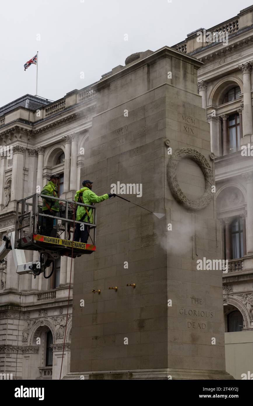 Specialist contractors spent Thursday morning cleaning The Cenotaph on Whitehall to keep it looking its best for Remembrance Sunday. The memorial is given an annual clean at this time of year ready for people to remember those who have lost their lives serving their country. 02nd November 2023, Westminster London, England, United Kingdom Credit: Jeff Gilbert/Alamy Live News Stock Photo