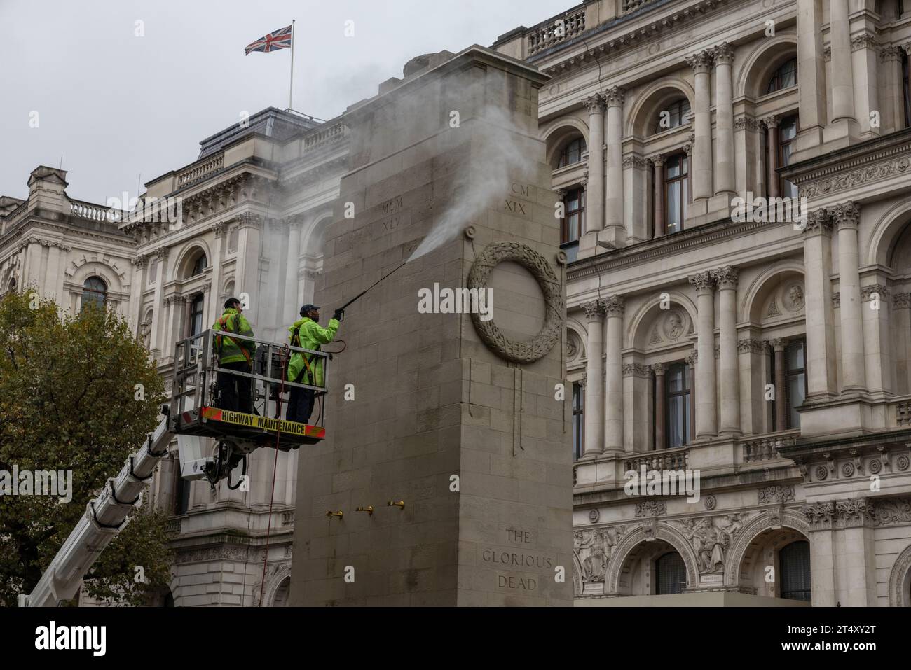 Specialist contractors spent Thursday morning cleaning The Cenotaph on Whitehall to keep it looking its best for Remembrance Sunday. The memorial is given an annual clean at this time of year ready for people to remember those who have lost their lives serving their country. 02nd November 2023, Westminster London, England, United Kingdom Credit: Jeff Gilbert/Alamy Live News Stock Photo
