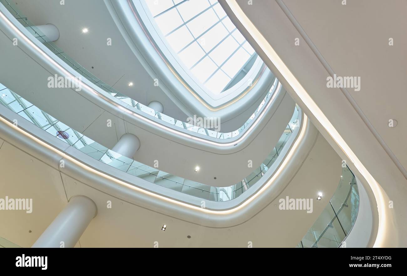 Low angle view of Architectural details with futuristic ceiling with lighting Stock Photo