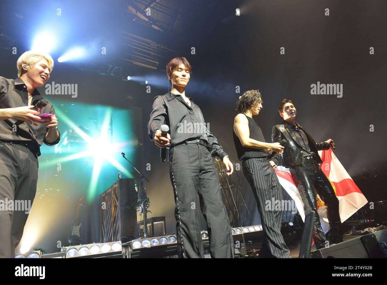 MIAMI , FLORIDA - OCTOBER 31: Lee Jae-hyeong, Lee Ha-joon, Kim Woo-sung and Park Do-joon of Korean indie rock band THE ROSE perform live onstage during the Dawn to Dusk Tour at James L. Knight Center on October 31, 2023 in Miami, Florida. Copyright: xmpi10x Stock Photo