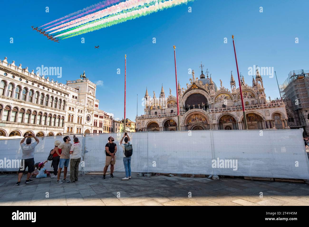 Aerobatic Squadron Frecce Tricolori over St. Mark's Basilica, Venice, Italy Stock Photo