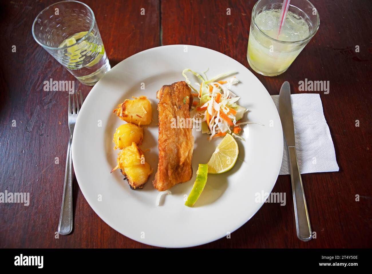 Grilled Tambaqui or Black Pacu or Millstone Tetra with Portuguese Potato, traditional dish in the Amazon Rainforest, Brazil Stock Photo