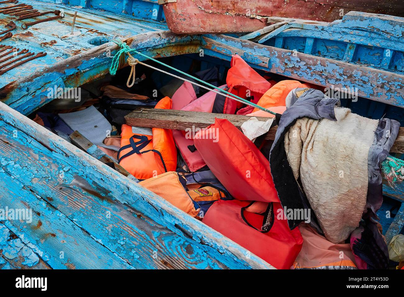 Life jackets inside an open boat, detail, refugee boats, Cimitero delle barche, boat graveyard, boat wrecks, Lampedusa Island, Agrigento Province Stock Photo
