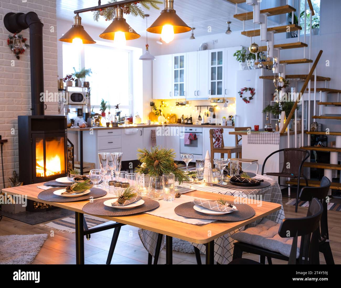 Festive interior of house is decorated for Christmas and New Year in ...