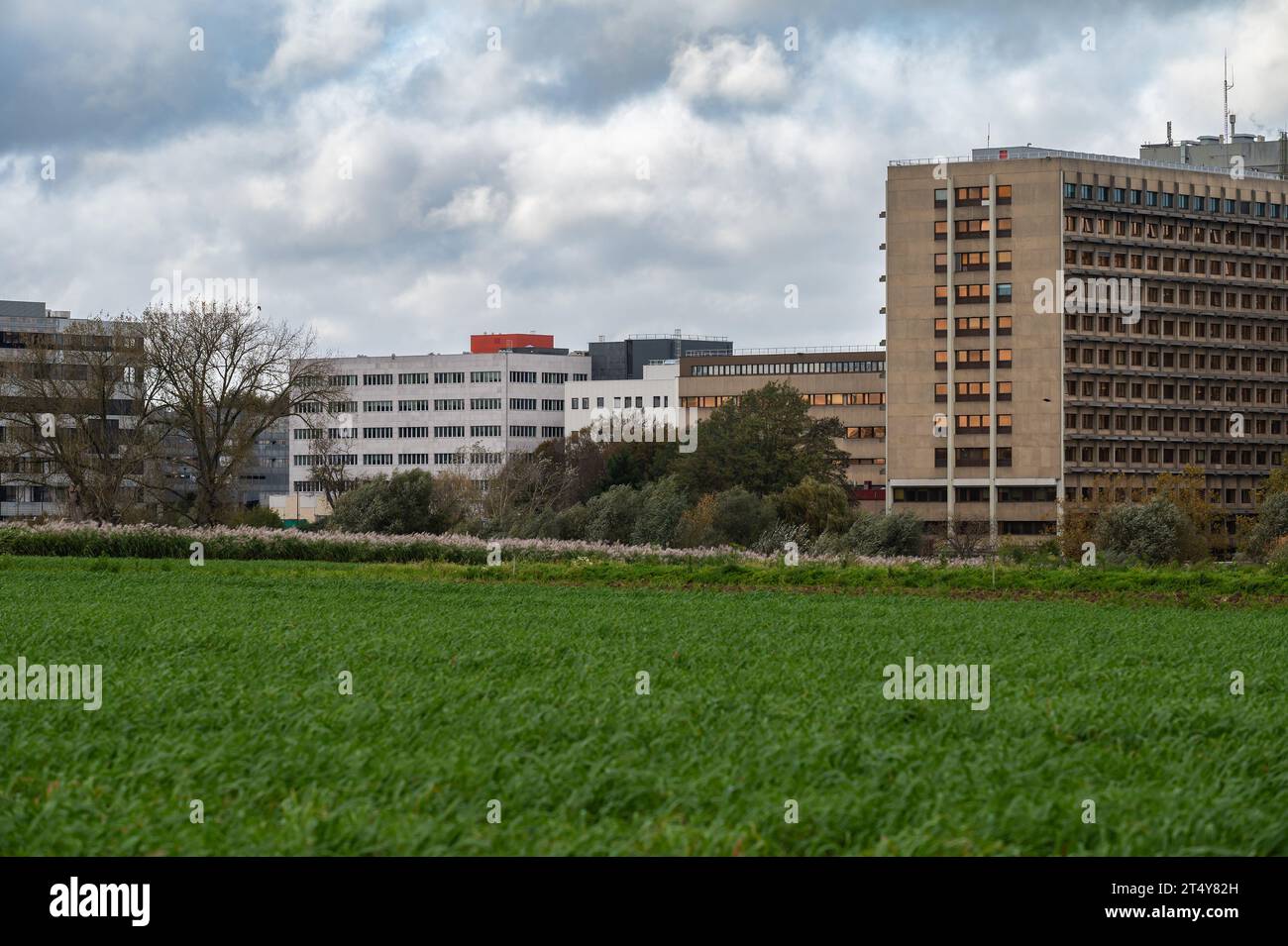 Anderlecht, Brussels Capital Region, Belgium - October 28, 2023 - Panorama over the Erasmus hospital site and green fields Stock Photo