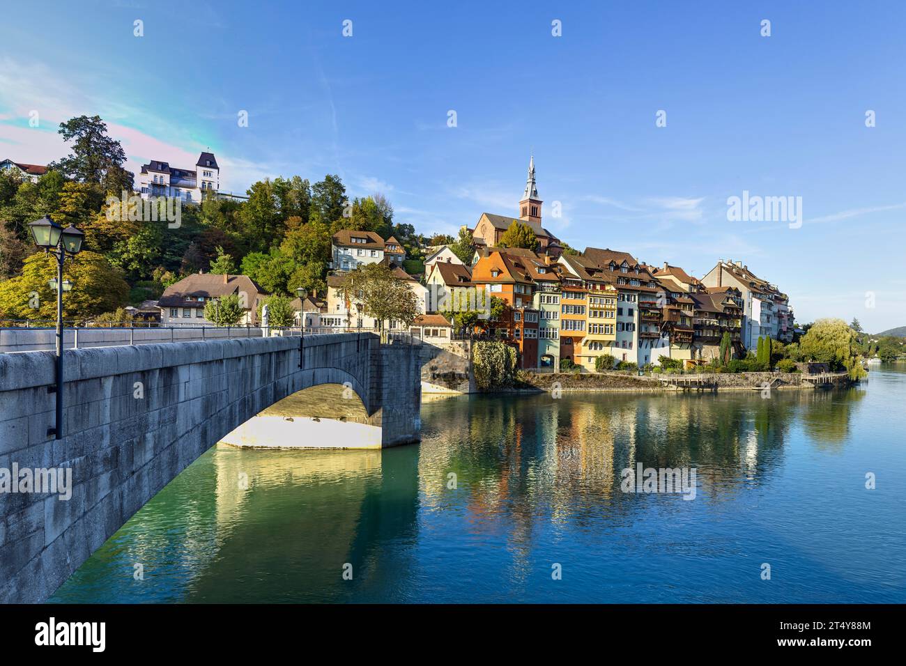 View of Laufenburg, Germany and the Laufen Bridge from the Swiss Laufenburg, Laufenburg District, Aargau, Switzerland Stock Photo