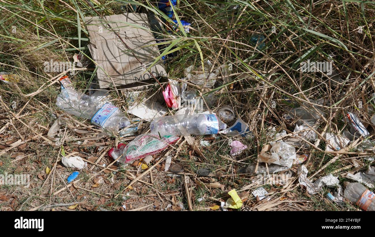 Plastic rubbish in hedgerow. Sicily. Italy. 2023 Stock Photo
