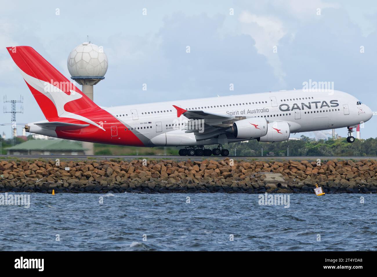 Qantas Airbus A380 seen lifting off from Sydney Airport. Stock Photo