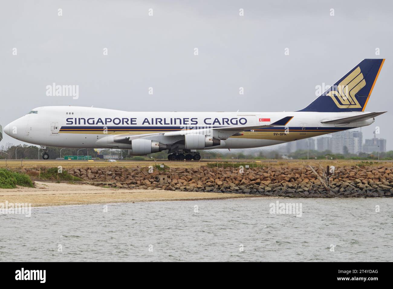 Singapore Airlines Cargo Boeing 747-400F seen taxiing at Sydney Airport. Stock Photo