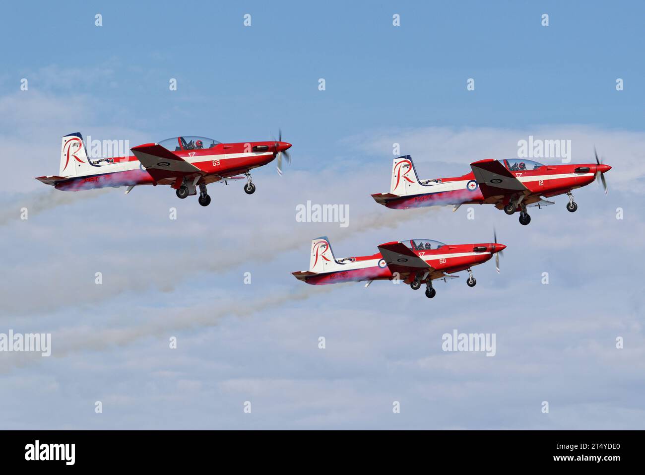 Royal Australian Air Force (RAAF) Pilatus PC-9 roulettes seen flying in formation at Avalon Airshow 2019. Stock Photo